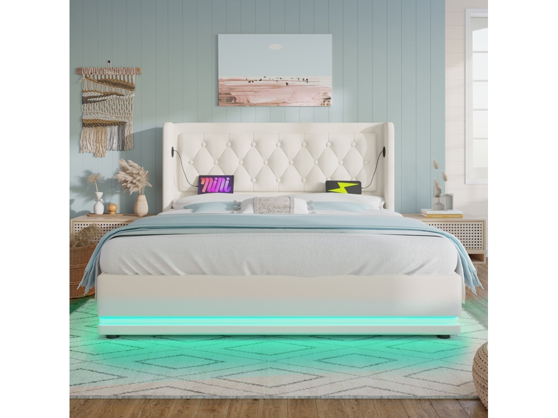 Cama Casal 160x200cm, Couro Sintético, Hidráulica, Usb c, Luz Led 3 Lados, Cabeceira Acolchoada, Cama Baú, Resistente 300kg, Sem Colchão, Branco KOMHTOM