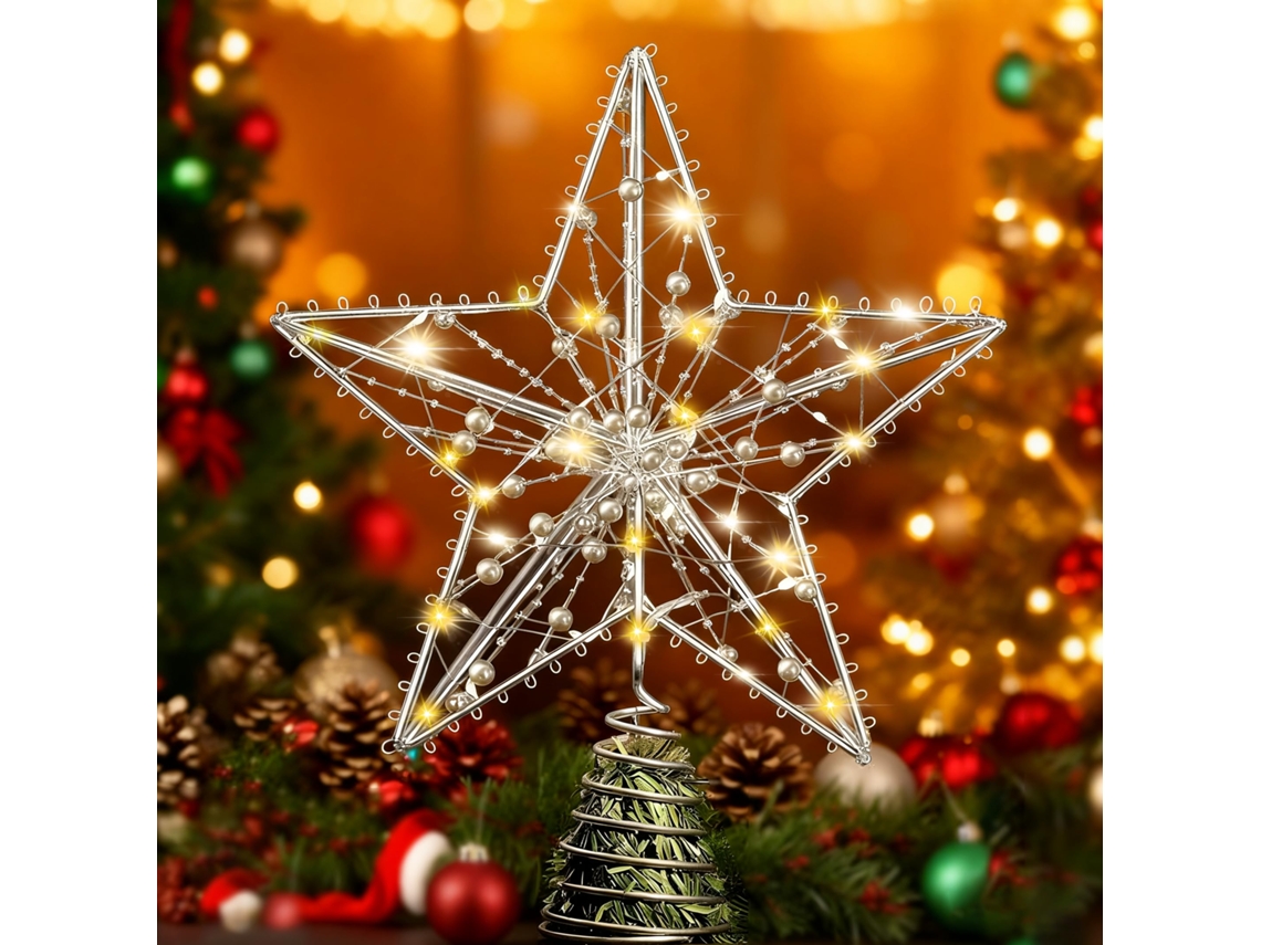 Estrela Natal Prateada 5 Pontas Com 10 Leds E Pérolas, Para Árvore E Interior.