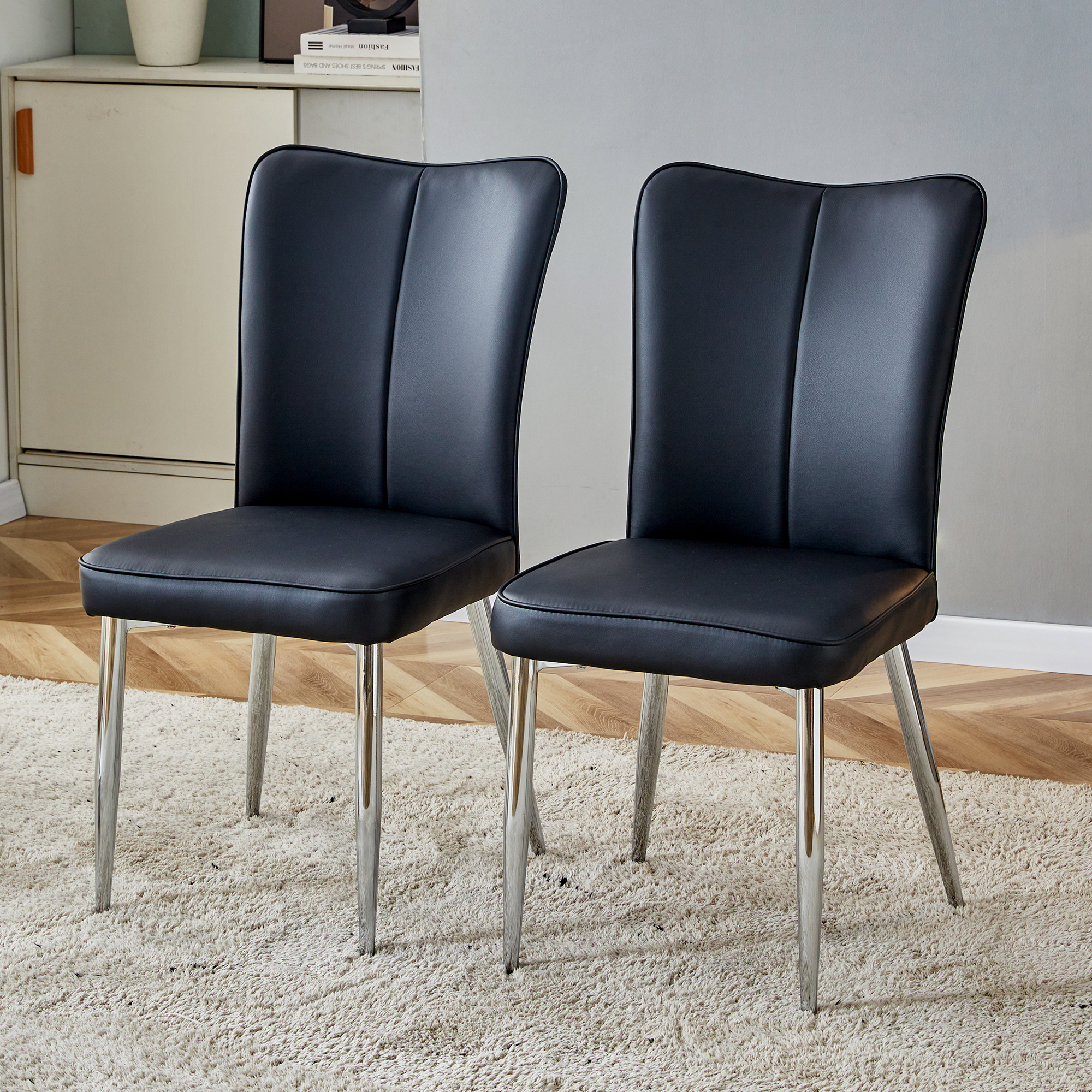 Cadeiras Modernas De Jantar Pretas Pu, 89cm De Altura, Pernas Metálicas Prateadas. Versáteis Para Escritório, Restaurante E Casa.-kd