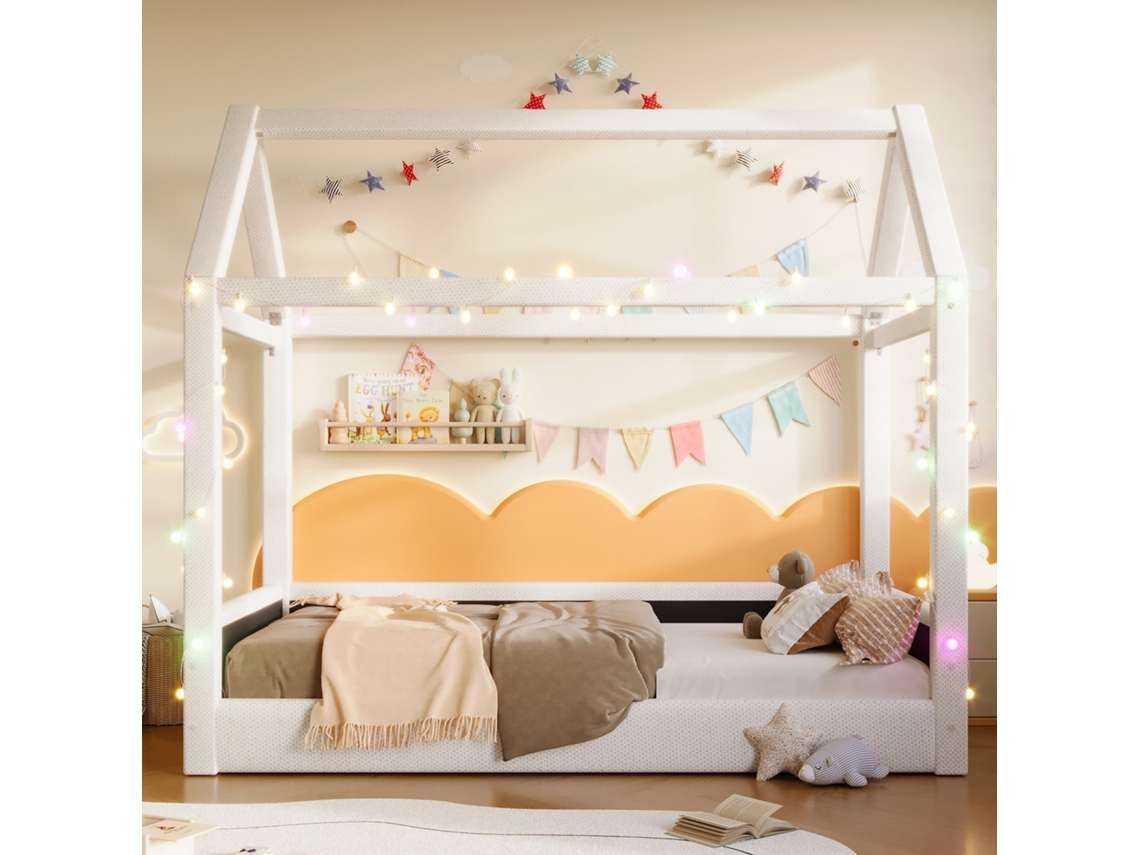 Beliche Diurno 90x200cm Casa, Led, Usb c, Gavetas, Prateleiras, Base, Sem Colchão, 120kg, Bege KOMHTOM