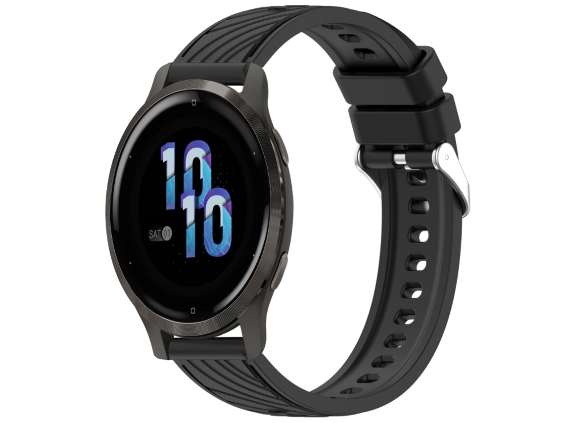 Bracelete para Garmin Venu 2s em Silicone com textura listrada e fivela de aço prate preto (18mm)