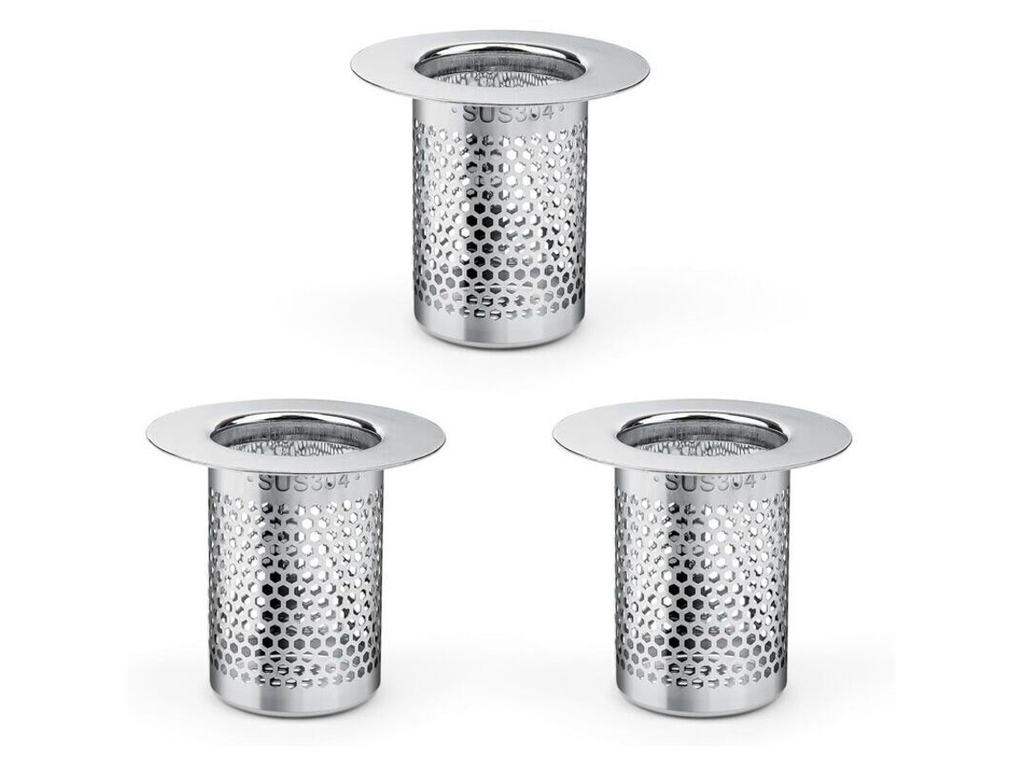 Conjunto de 3 filtros coletor de cabelo em aço inox 5.5x5 cm para cozinha, chuveiro, pia e varanda AQUAFORGE