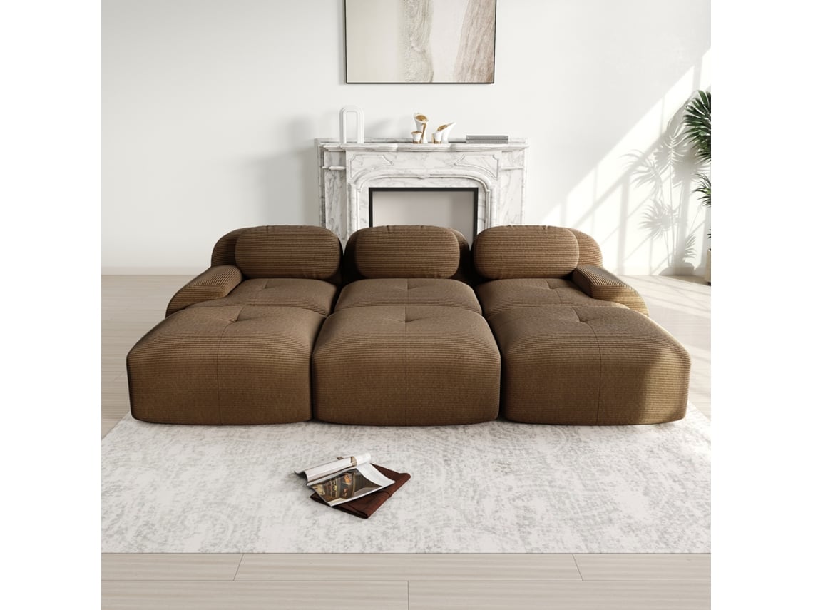 Sofá Modular 3 Lugares + 3 Pufes Veludo, Pet-friendly, Braços Largos, Estofamento 32d, Marrom