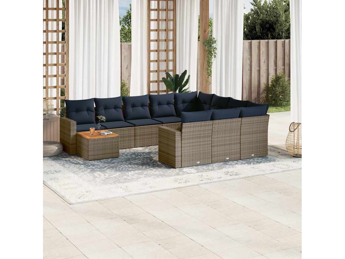 Vidaxl 11 Pcs Conjunto Sofás de Jardim C/ Almofadões Vime Pe Cinzento
