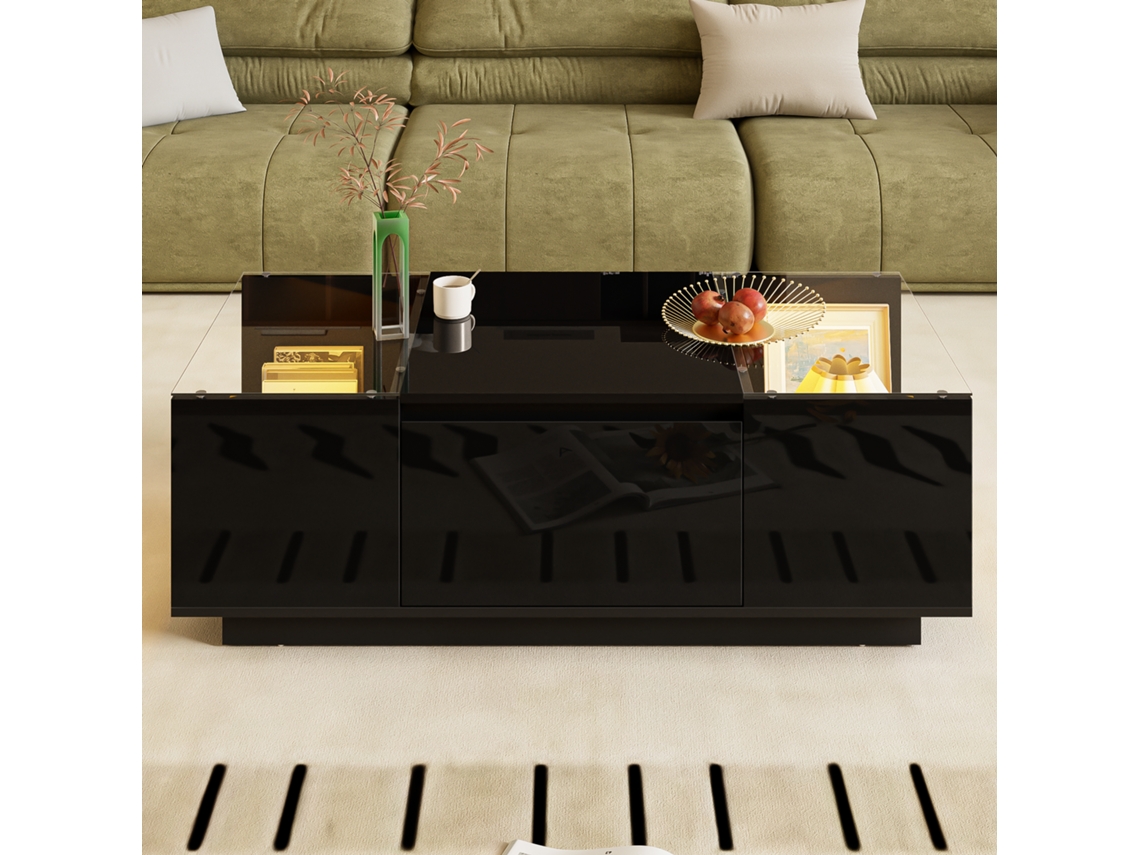 Mesa De Centro Moderna 105cm Com Armazenamento,luz Led Ambiente,tampo De Vidro E 2 Gavetas Pretas Mega Echo Trade Shop