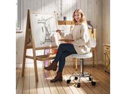 Banco Giratório Branco 32x40x70x70-86cm Com Rodas, Encosto E Altura Ajustável - Estofado Em Couro Sintético
