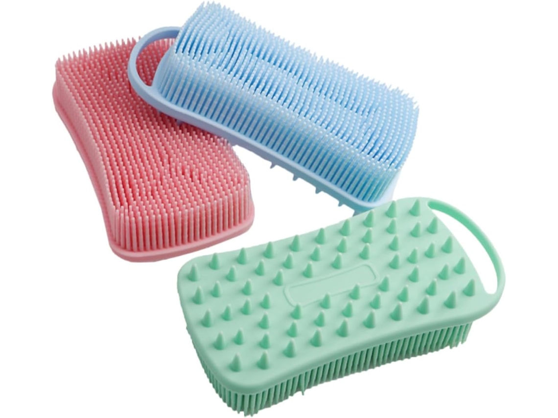 Conjunto De 3 Escovas Silicone Dupla Face Para Corpo E Cabelo, Massagem Suave, Esfoliação E Limpeza Confortável, Cabo
