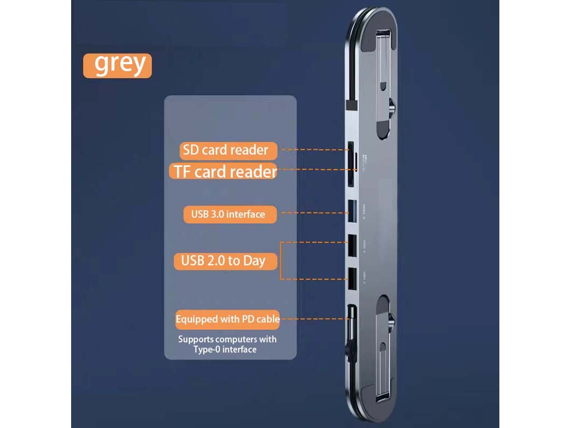 Yizhood Docking Station Suporte Tipo C Hub USB Suporte Duplo Propósito Duplo 5 em 1 Cinza