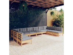 Conjunto 10pcs Lounge De Jardim Almofadões Cinza Pinho Maciço Dkd Home Decor