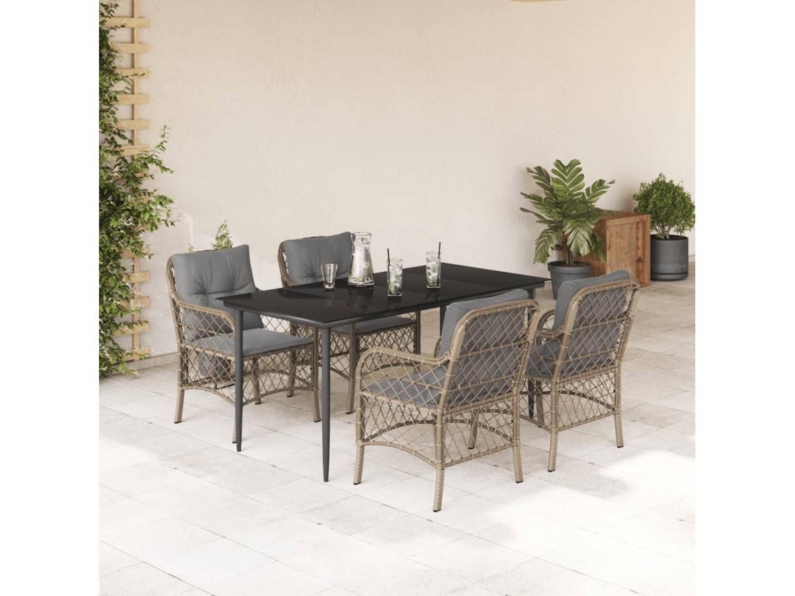 Conjunto 5pcs Jantar Jardim C/ Almofadões Vime Pe Bege Misturado Dkd Home Decor