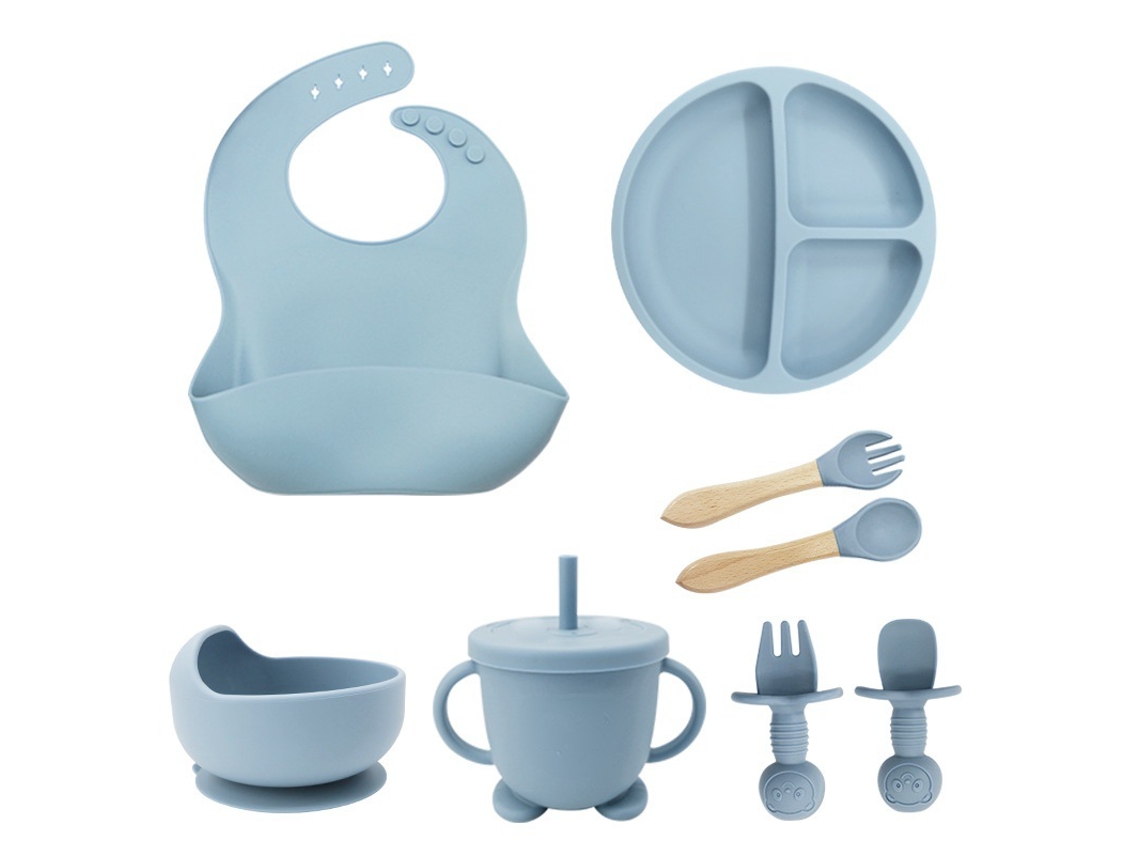Um Conjunto De 8 Pratos De Silicone Com Compartimentos Para Colheres E Ventosas, Tigelas De Silicone Para Crianças, Colheres E Garfos.