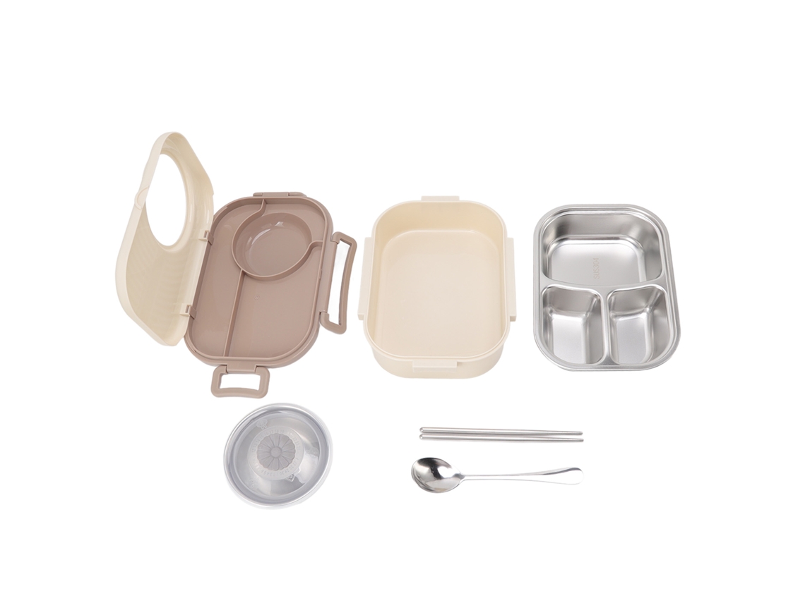 Caja De Almuerzo Bento De Acero Inoxidable De 1450ml Con Doble Capa Y Compartimentos Para Estudiantes Beige