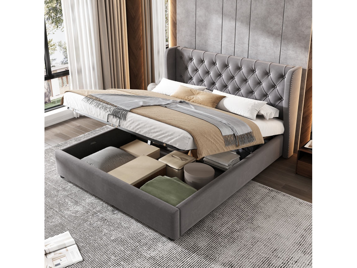 Cama Casal 140x190 Veludo Cinza Com Mecanismo Hidráulico E Armário