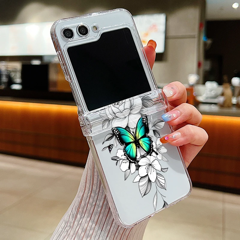 ((a793)galaxy Z Flip4) Capa Dobrável Transparente Com Estampa Retrô De Borboleta