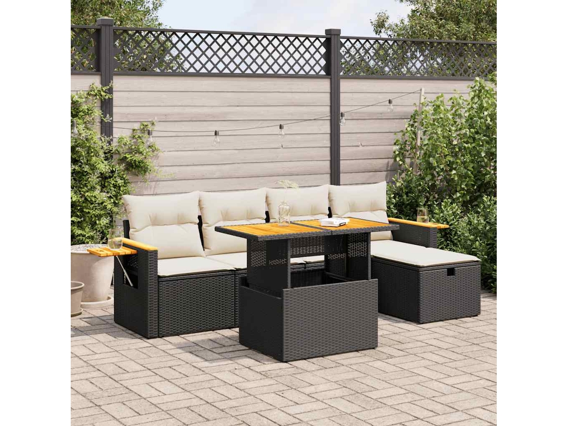 Vidaxl 6 Pcs Conjunto Sofás De Jardim C/ Almofadões Vime Pe Preto