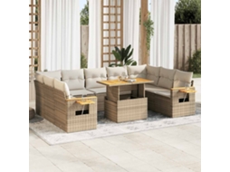 Vidaxl 10 Pcs Conj. Sofás P/ Jardim C/ Almofadões Vime Pe/acácia Bege