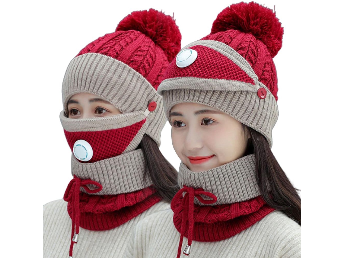 Conjunto de gorro e cachecol de tricô 3 em 1 para inverno, com forro polar e antivento para mulher e menina