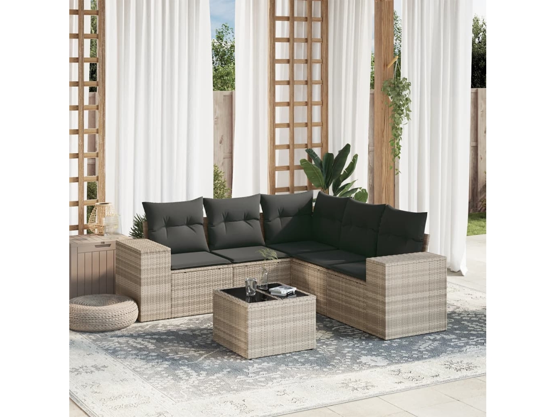 Vidaxl 6 Pcs Conj. Sofás Jardim Com Almofadões Vime Pe Cinzento-claro