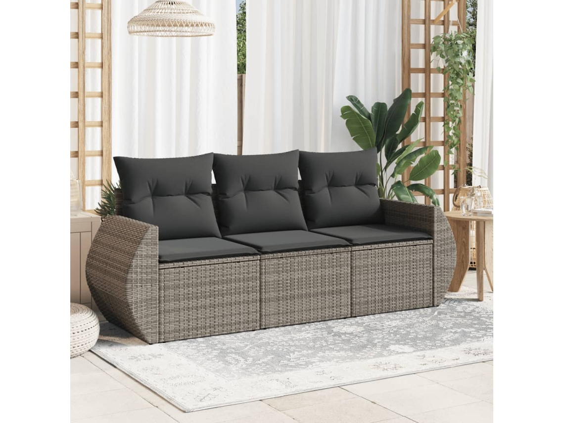 Vidaxl 3 Pcs Conjunto Sofás De Jardim C/ Almofadões Vime Pe Cinzento