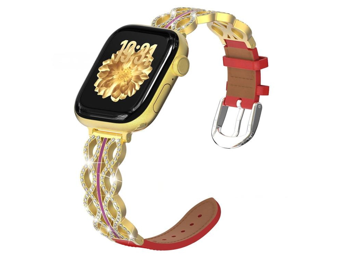 Bracelete para Apple Watch 46/49/45/44mm Híbrida: Aço Inoxidável com Diamantes e Couro Genuíno Dourada + Vermelha XIAOMOYU