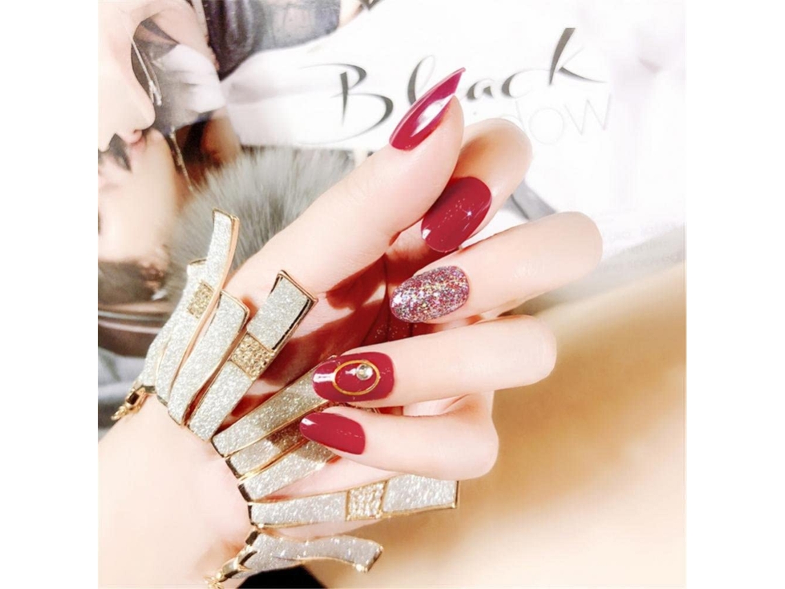 24 Unhas Falsas Artificiais Com Glitter Vermelho E Pedras Rhinestones Para Decoração De Unhas E Cola