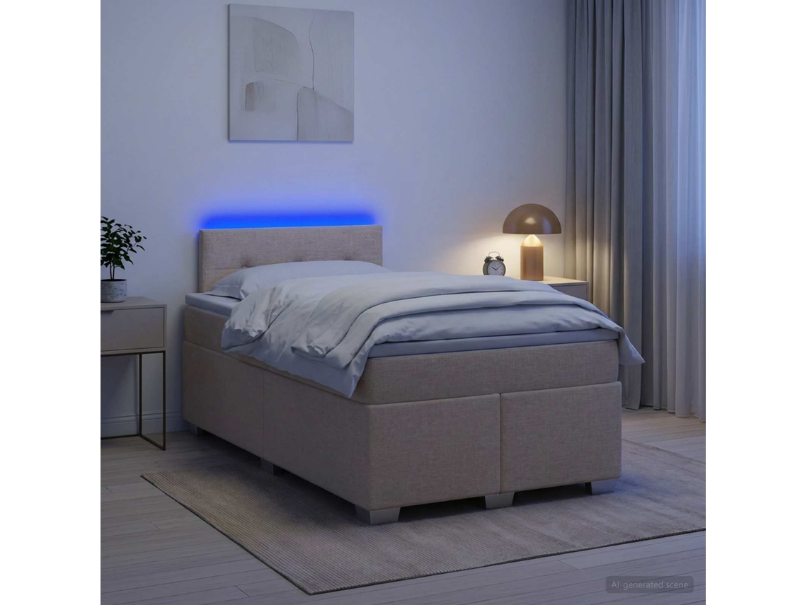 Vidaxl Cama Box Spring Com Colchão E Led Creme 120 X 190 Cm Tecido