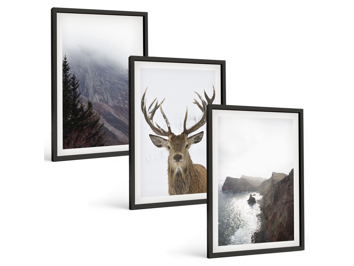 Conjunto De Pinturas Paisagem De Montanha Com Veado Moldura Preta Quadros Para O Escritório Espelharte (3 Piezas De 40x60 Cm)