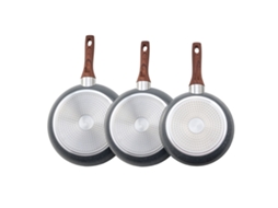 Frigideira de Alumínio para Ovos Conjunto 3 Peças 250 280 e 325 Mm Antiaderente Resistente com Cabo Ao Calor Cozinha Chef Gás Elétrica Indução Cinza