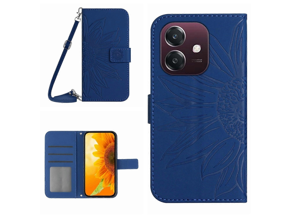 Capa De Celular De Couro Com Estampa De Girassol E Cordão Skin Feel