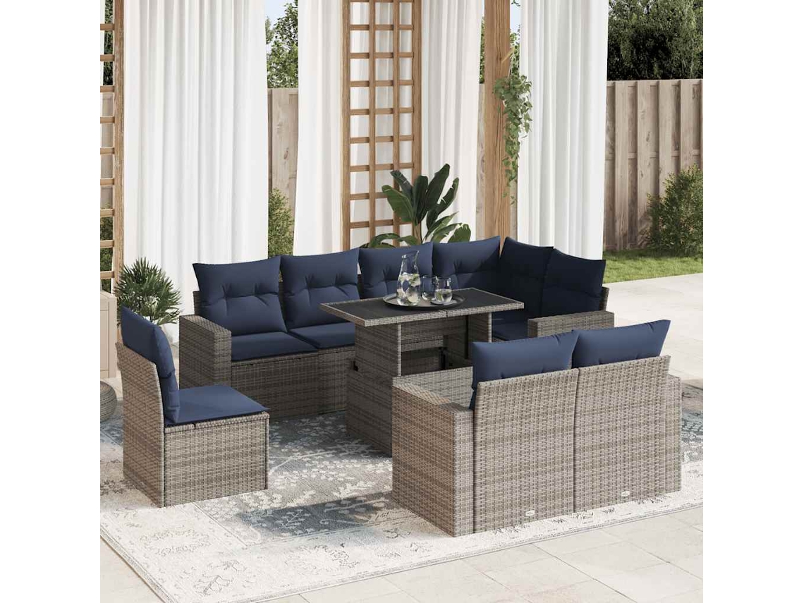 Vidaxl 9 Pcs Conjunto Sofás Jardim Almofadões Vime Pe/acácia Cinzento