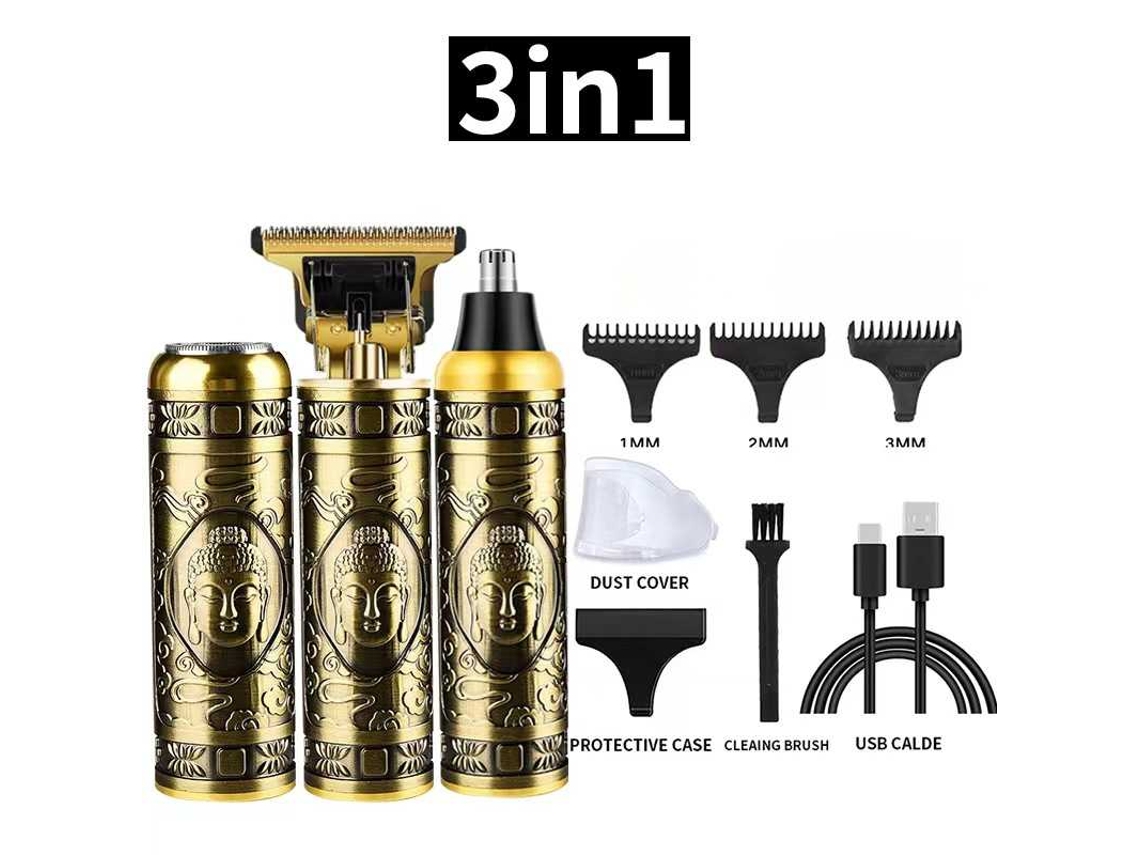 Compatível Kit De Barbeador Multifuncional 3 Em 1, Design Buda, Motor Potente, Recarregável Usb, Para Barba, Cabelo E Pelos Nasais Portáteis