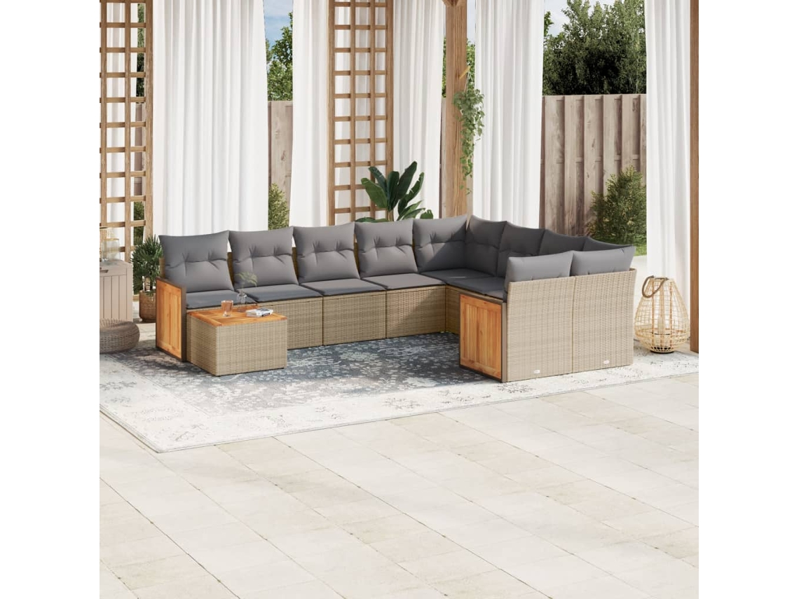 Vidaxl 10 Pcs Conjunto De Sofás P/ Jardim Com Almofadões Vime Pe Bege