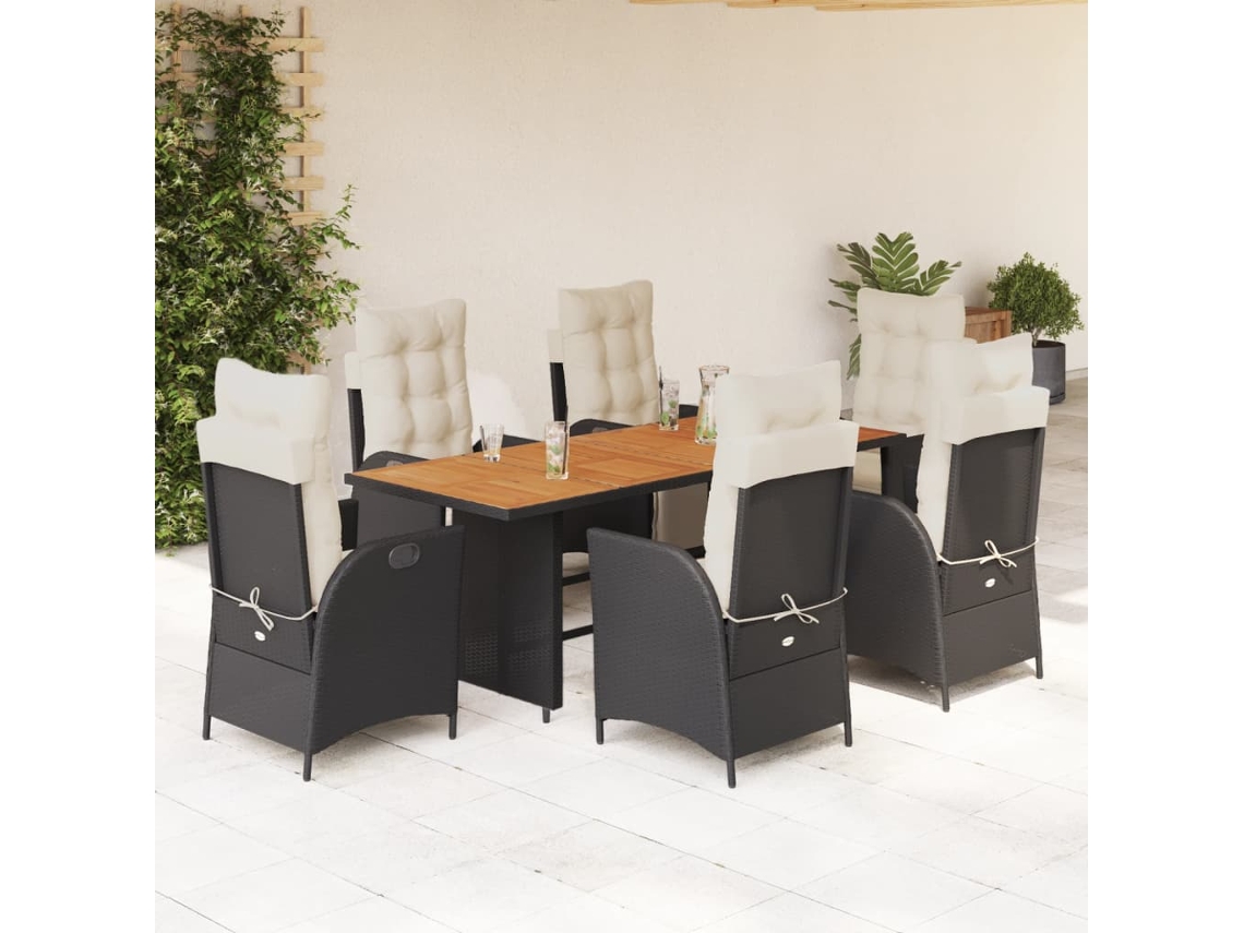 Vidaxl 7 Pcs Conjunto De Jantar P/ Jardim C/ Almofadões Vime Pe Preto