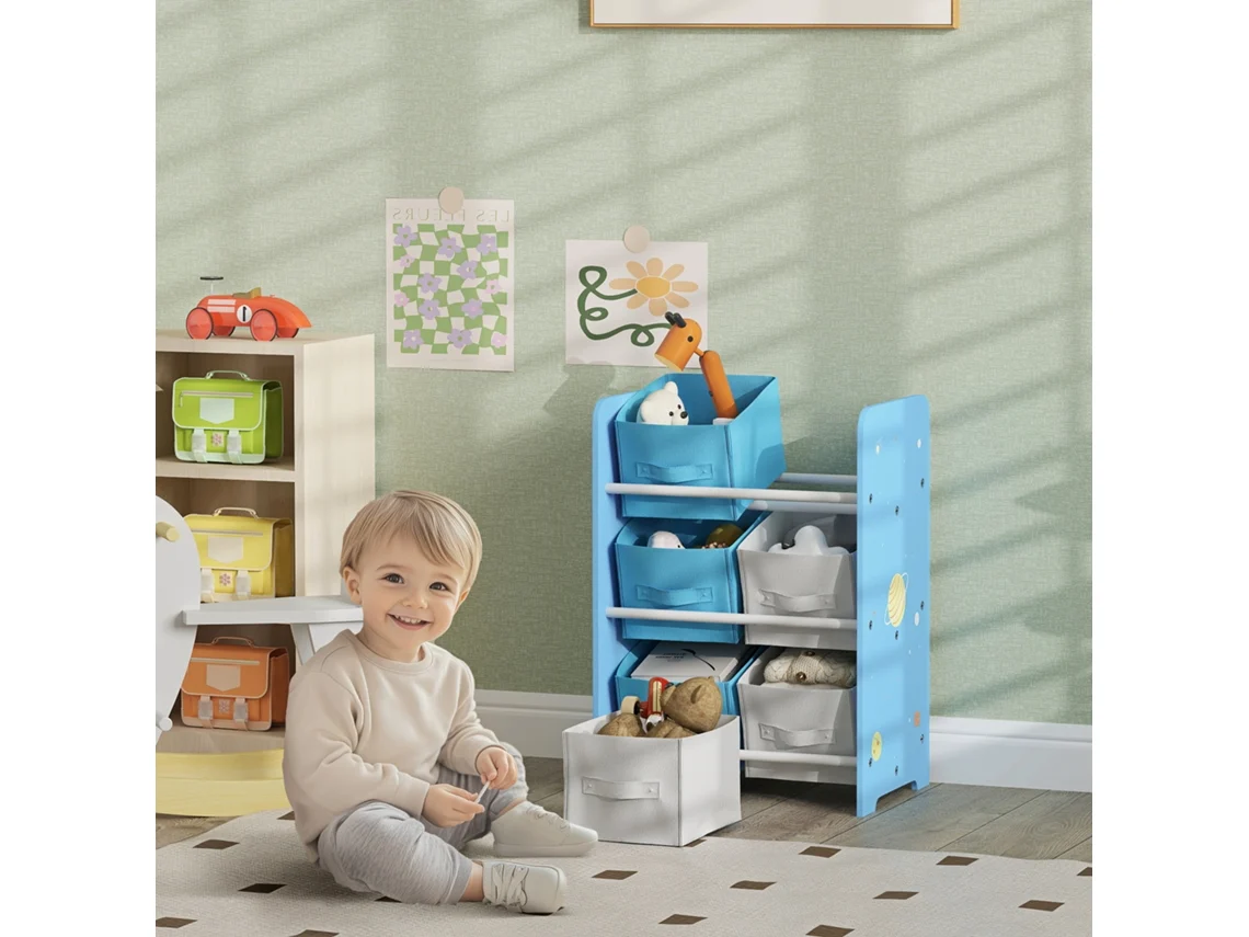 Organizador de Brinquedos Azul com 6 Caixas de Tecido Não Tecido Removíveis, Estante Medindo 43x30x60 Cm