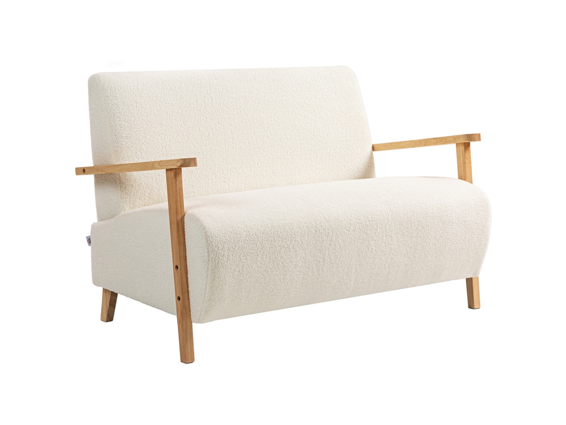 Sofá 2 Lugares Borreguito Acolchoado Pés Madeira Creme