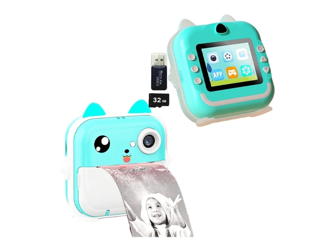 Câmera Digital Infantil Yizhood, Câmera de Impressão Instantânea, Recarregável, Tela LCD 1080P de 2,4 Polegadas, Cartão SD de 32 GB, HD, Verde