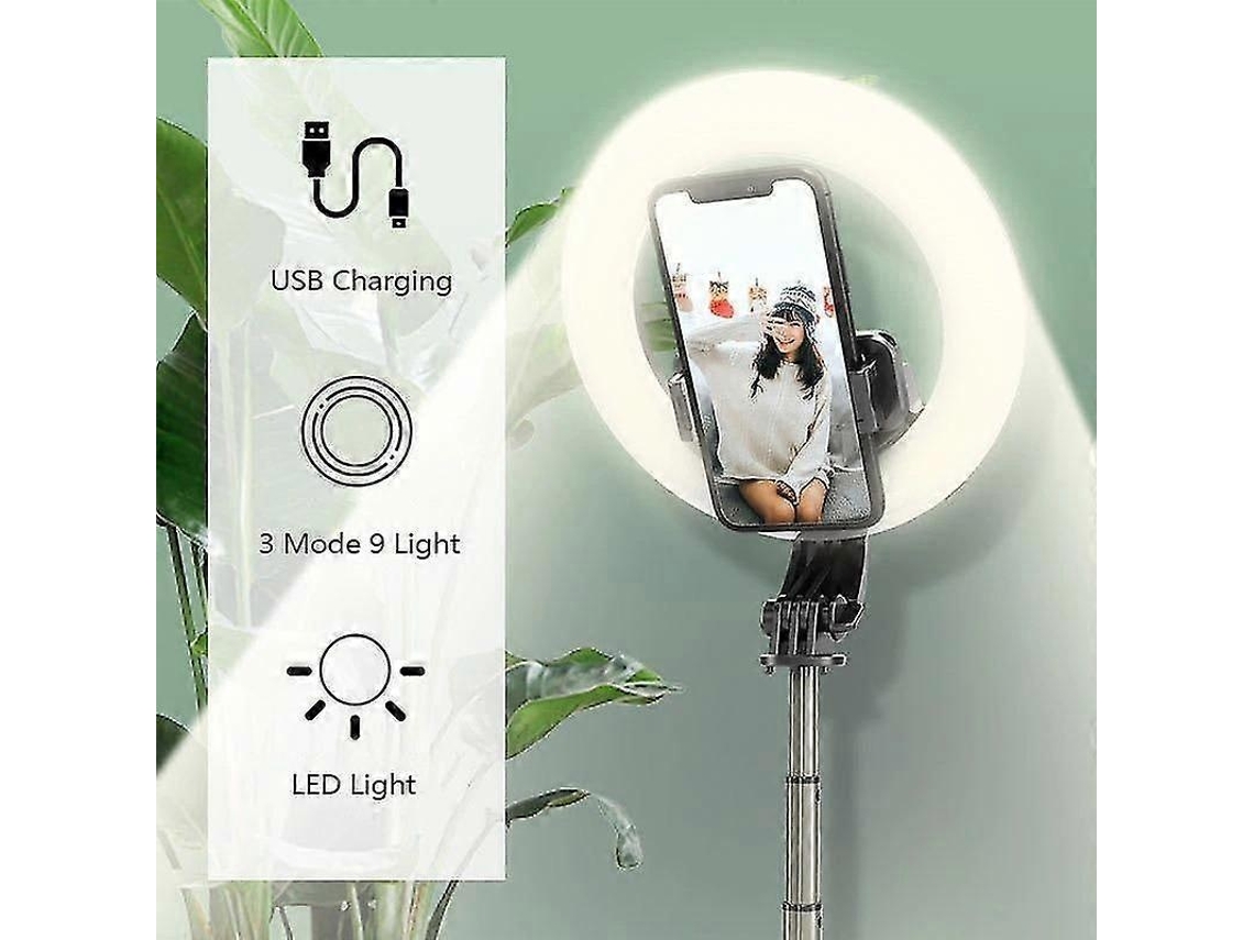 Lurelia Tripé Para Selfie Bluetooth, Com Luz Led, Até 10 M, Para Telemóvel, Em Liga De Alumínio, Preto
