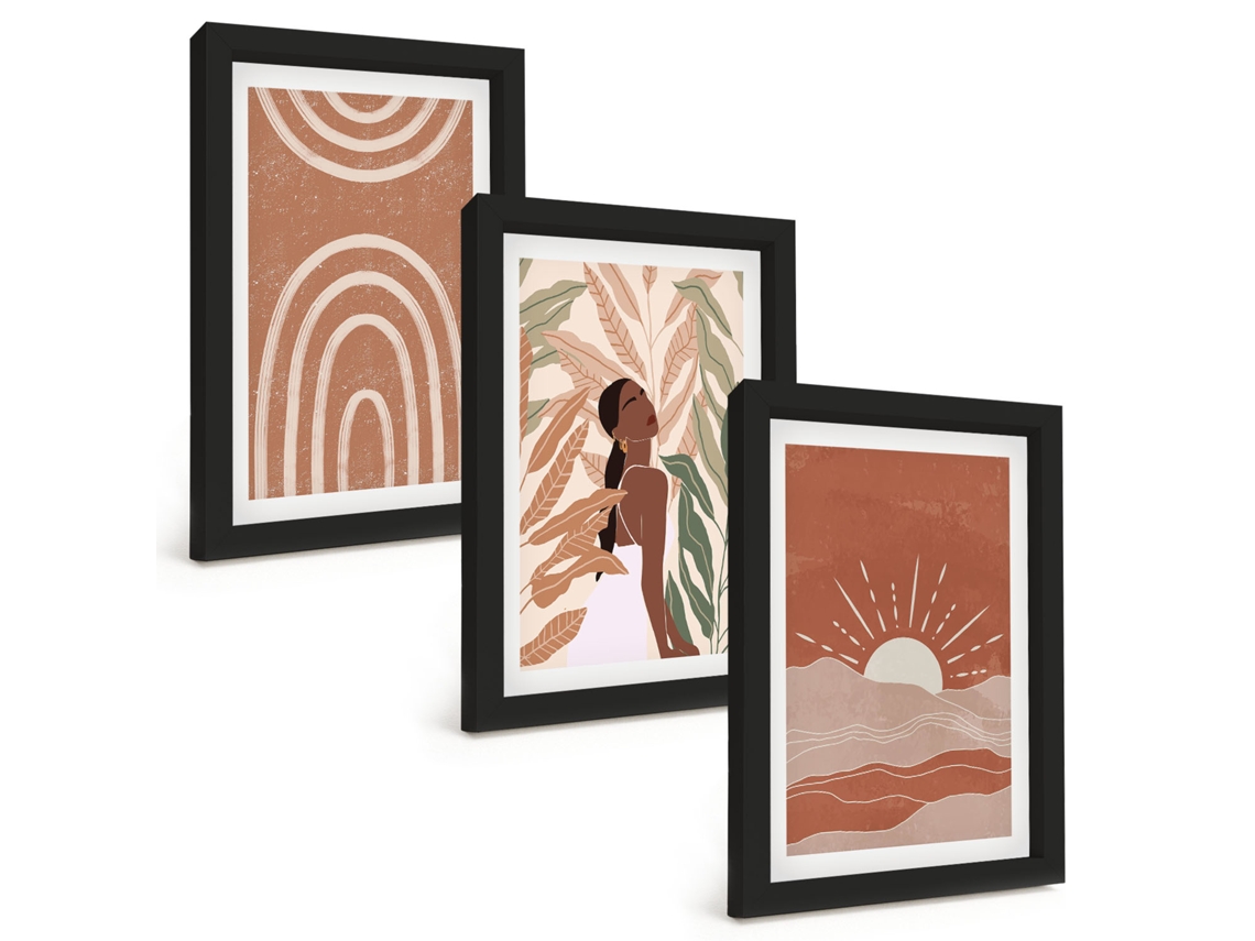 Composição De Quadros Na Parede Formas Abstratas Boho Moldura Preta Quadros Para A Sala De Estar Espelharte (3 Peças 20x30 Cm)