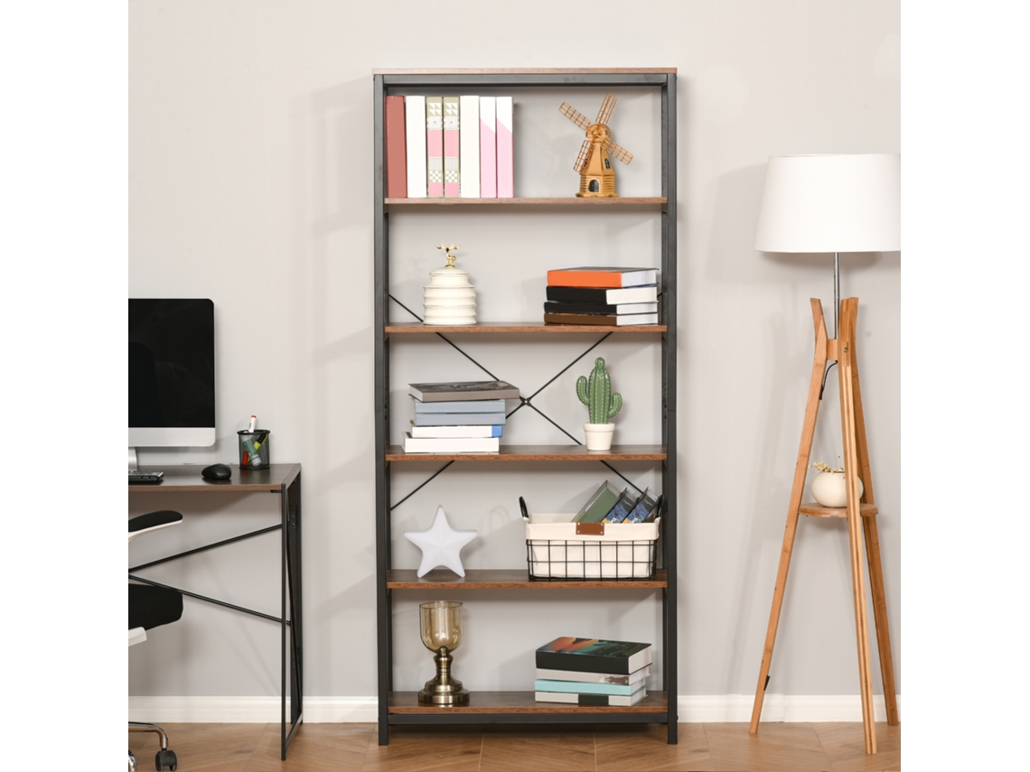 Estante Vertical Em Estilo Industrial Vintage, Andaime Salvaspazio Con 6 Foglie Em Legno E Metallo Nero, 80x30x180cm