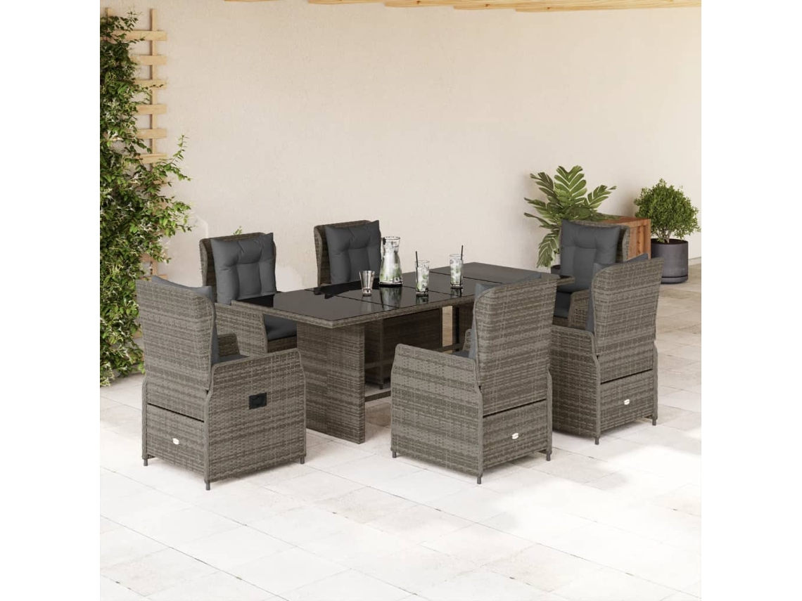 Vidaxl 7 Pcs Conjunto De Jantar P/ Jardim C/ Almofadões Vime Pe Cinza