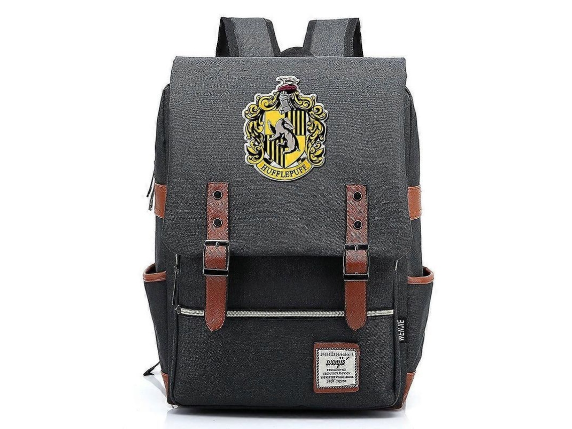Mochila estampada da Escola de Magia e Bruxaria Lufa-Lufa, 35 cm, cinza escuro, para jovens estudantes e viagens.
