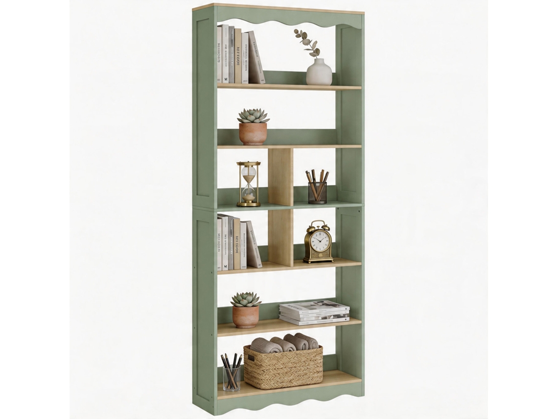 Estante de livros PRIME KANG, 6 prateleiras, 6 compartimentos, 76x23,8x180 cm, madeira natural e verde