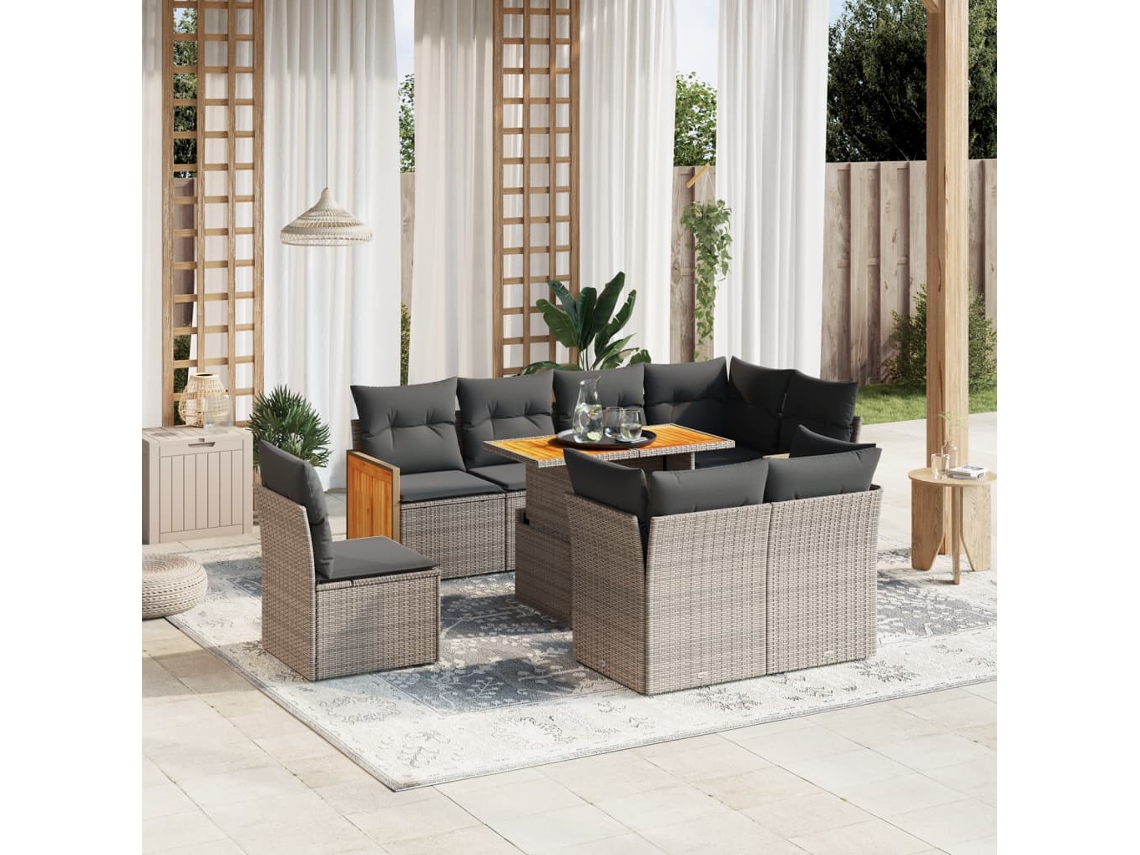 Vidaxl 9 Pcs Conjunto Sofás P/ Jardim Com Almofadões Vime Pe Cinzento