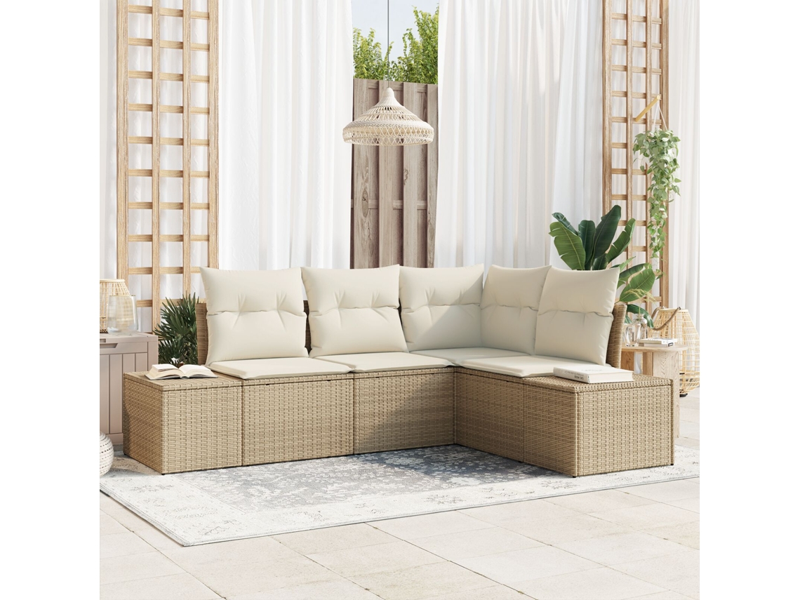 Conjunto De Sofá Jardim 4 Peças Com Almofadas Bege Rattan Poliéster Lovely Home