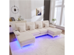 Sofá Em U Moderno Led Usb Madeira Maciça Ergonômico Luxo Bege