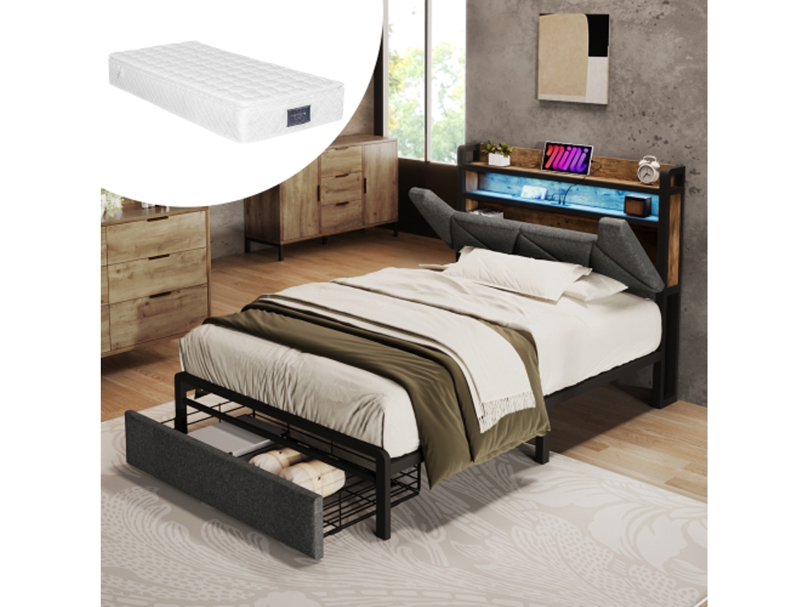 Cama Estofada Com Função De Carregamento Usb Tipo C, Cabeceira Com Arrumação, Iluminação Led E Gavetas, Cama Individual 90 X 200 Cm, Estrutura De Cam