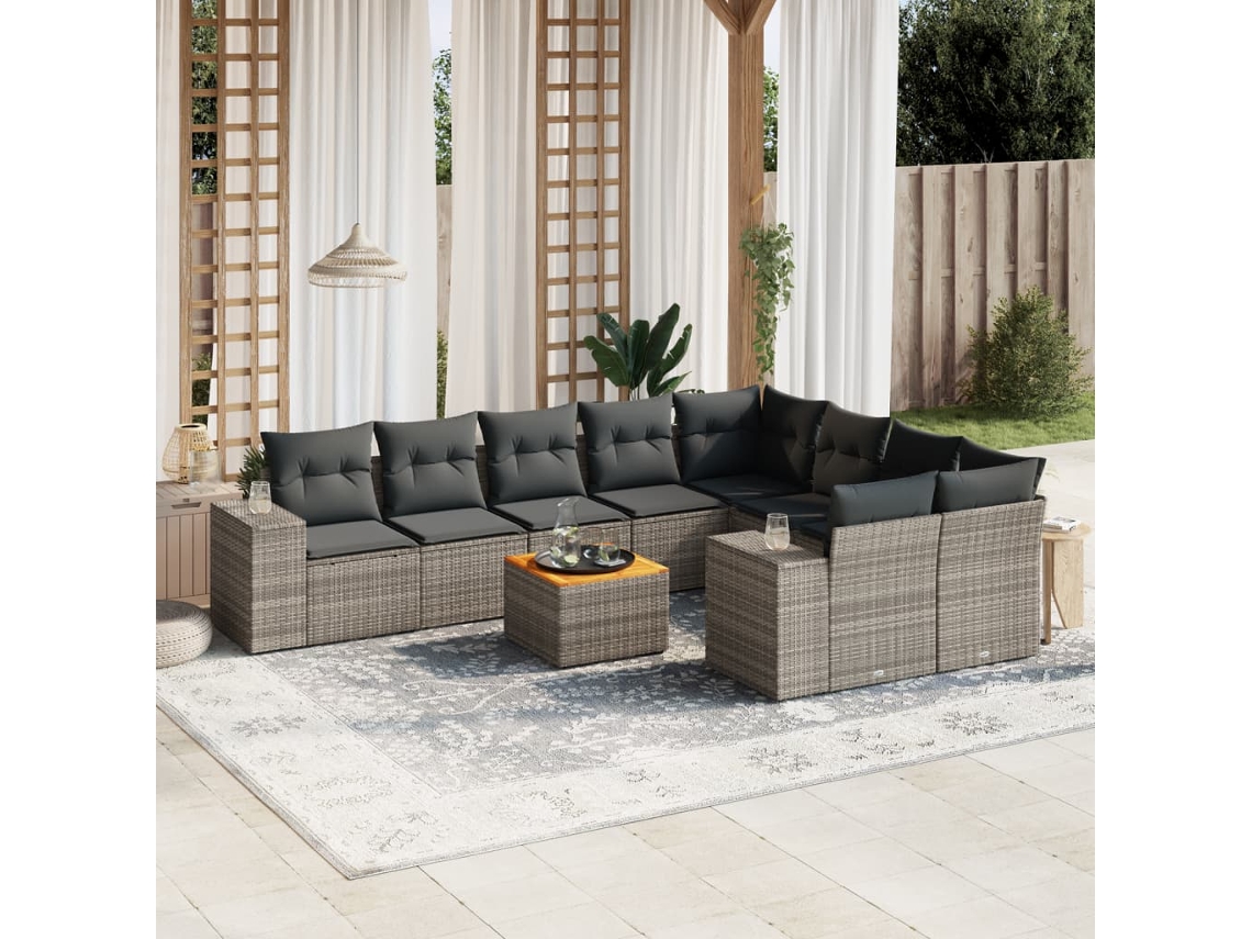 Vidaxl 10 Pcs Conjunto Sofás de Jardim C/ Almofadões Vime Pe Cinzento