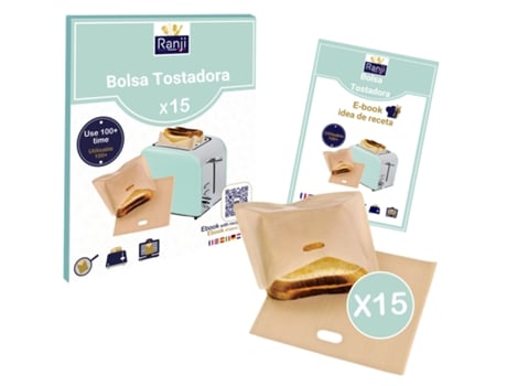 Kit Ranji® con 15 bolsas reutilizables para tostadora, ideal para sándwiches, muffins ingleses y paninis. Compatible con tostadora, horno y sandwichera.