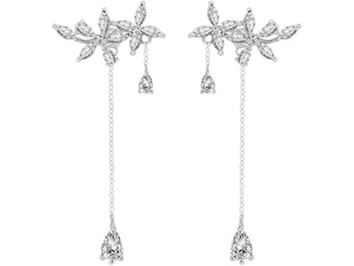 Brincos de Folhas de Prata 925 com Tassel e Cz, Longos, Moda Feminina S/MARCA