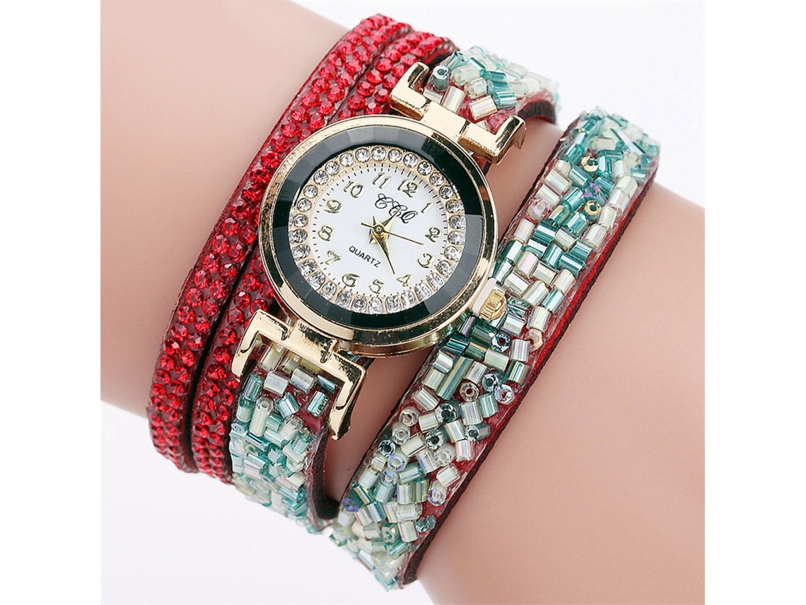 Relógio de Pulso Feminino de Quartzo com Pulseira Multicamadas e Cristais Coloridos (vermelho)